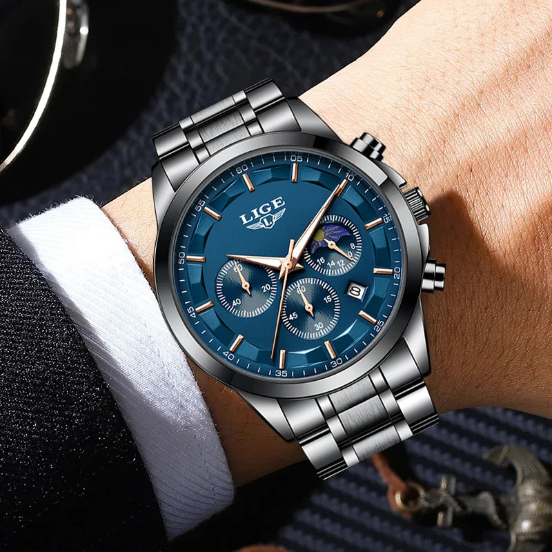 Luxury Men's Stainless Steel Quartz Watch with Calendar Waterproof
