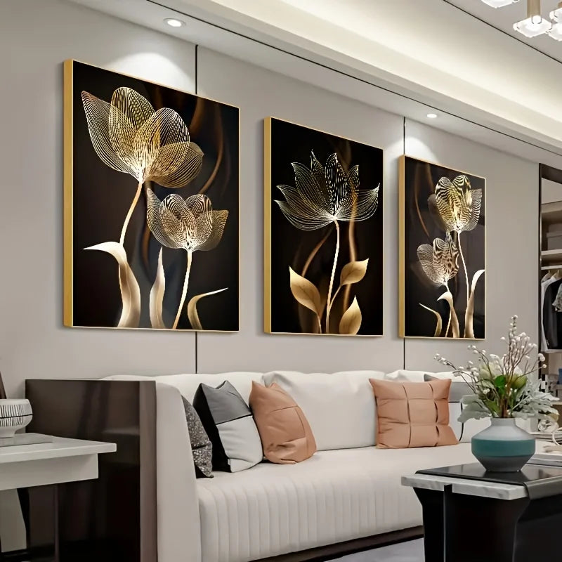 3PCS Black & Gold Flower Wall Art Canvas