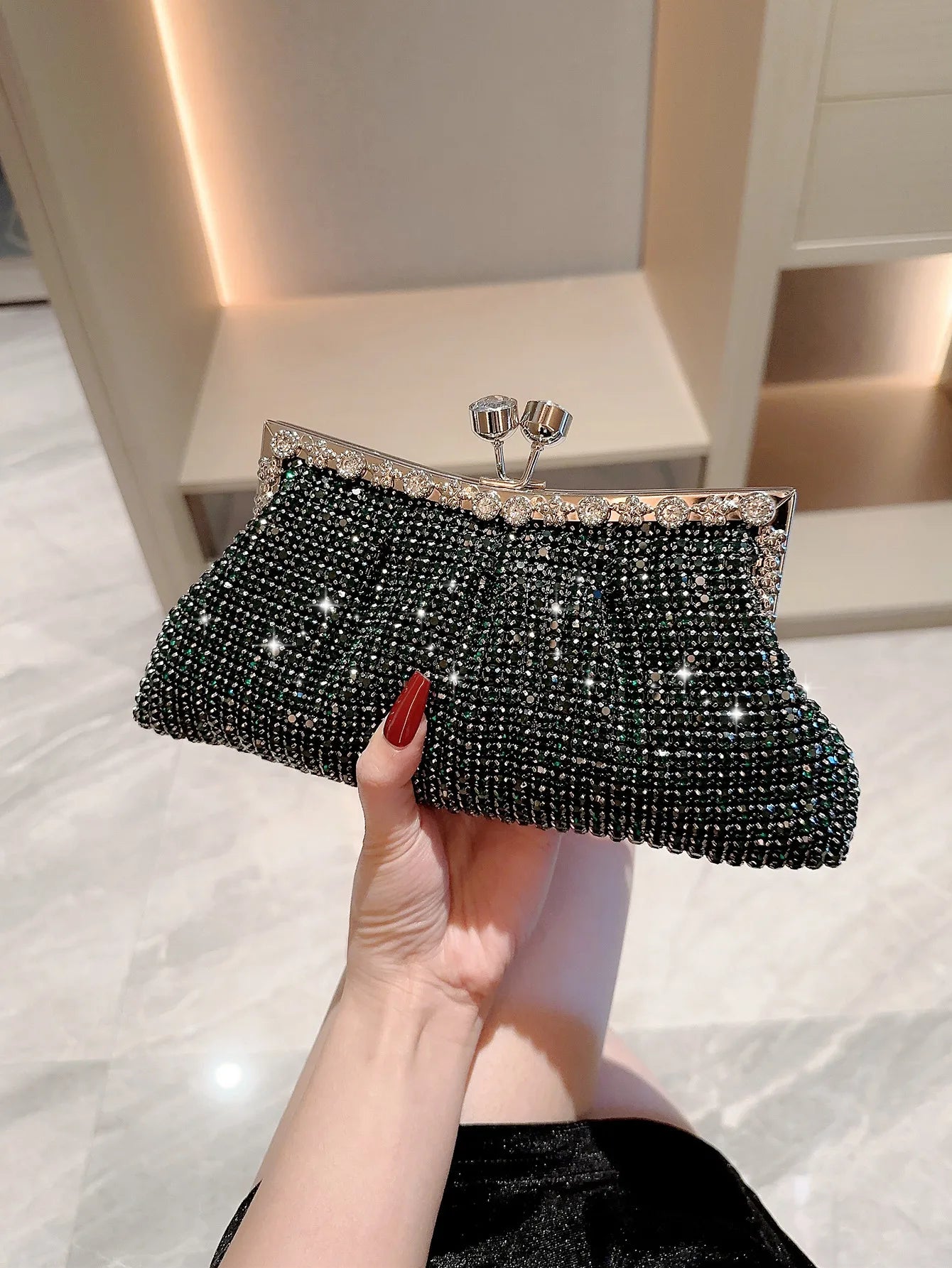 Luxury Women's Handbag with Rhinestones and Removable Chain