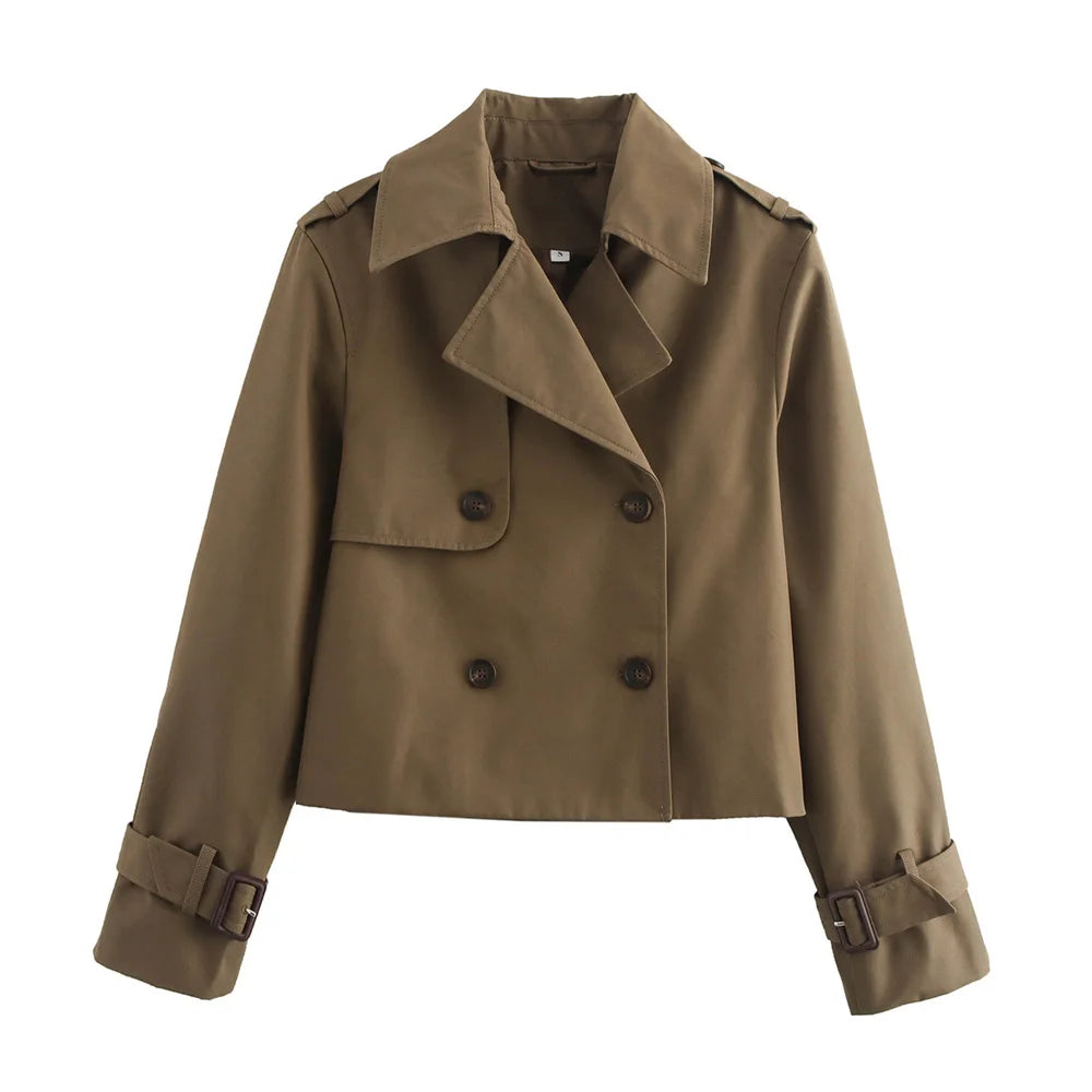 Ladies Vintage Cropped Trench Jacket – Chic Double-Breasted Style