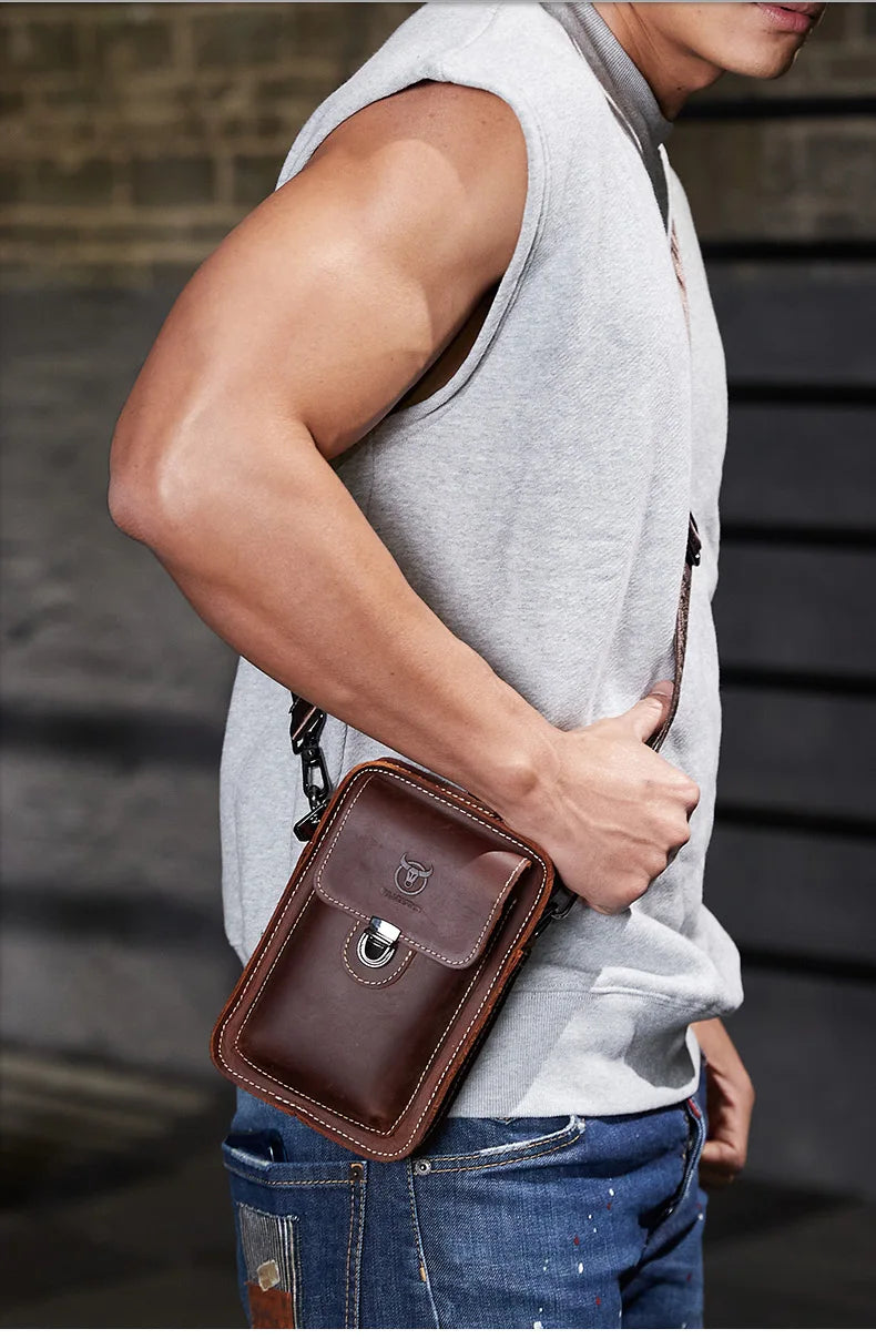 Men's leather waist and chest bag with bull design