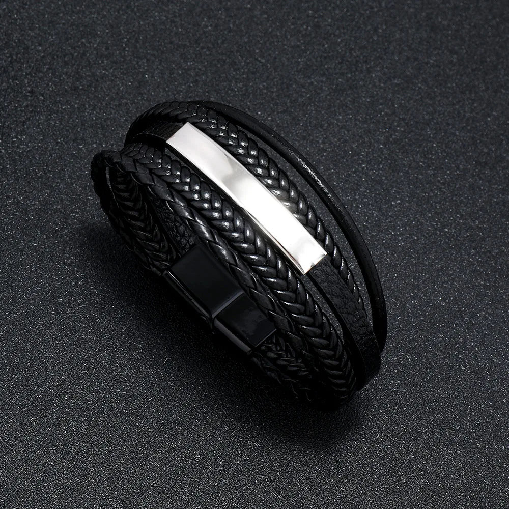 Stylish Men's Leather Bracelet – Stainless Steel Multi-Layer Braided Rope Jewelry Gift (21cm)