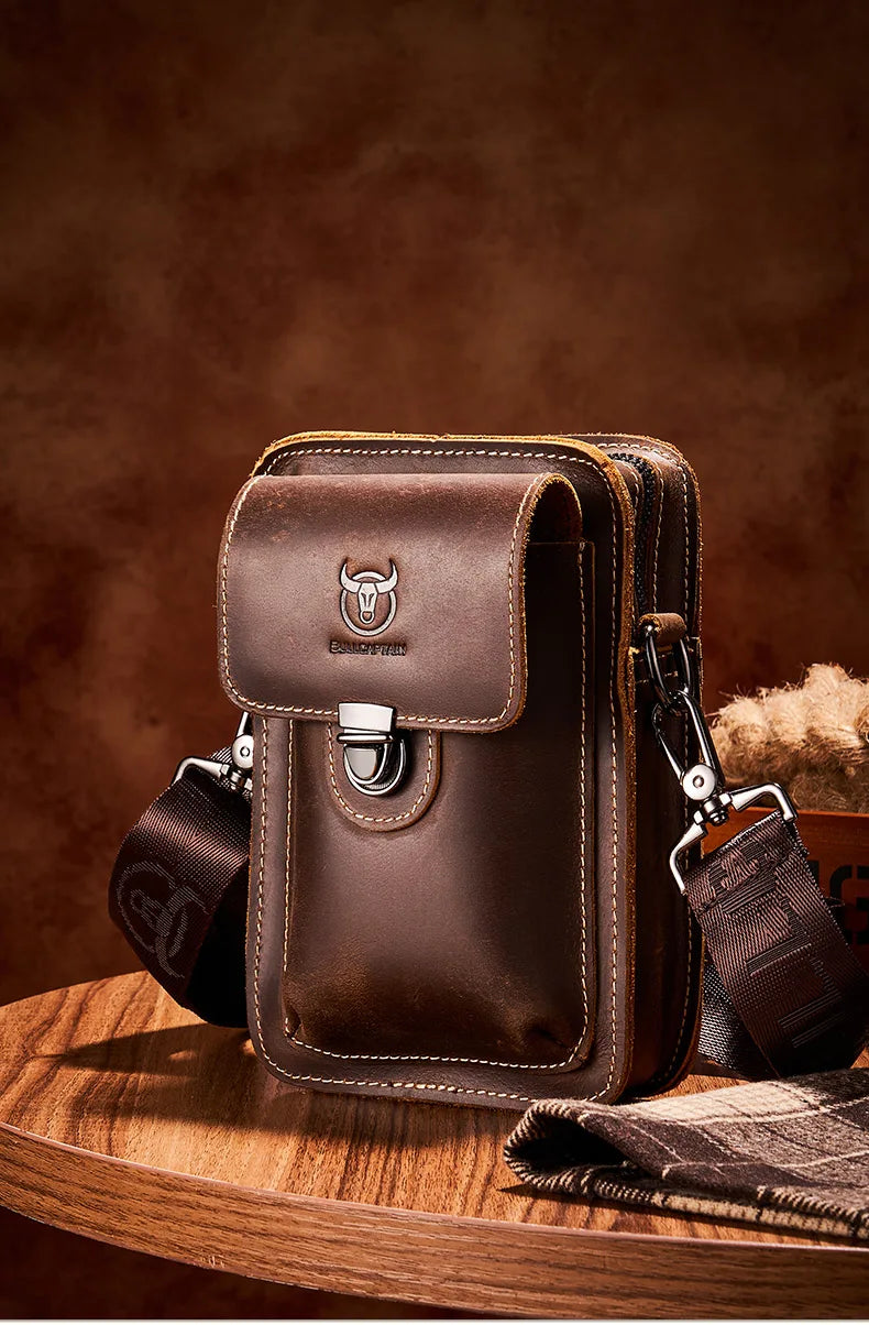 Men's leather waist and chest bag with bull design