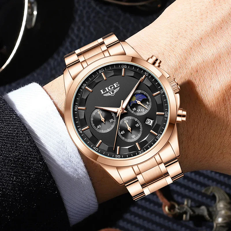 Luxury Men's Stainless Steel Quartz Watch with Calendar Waterproof