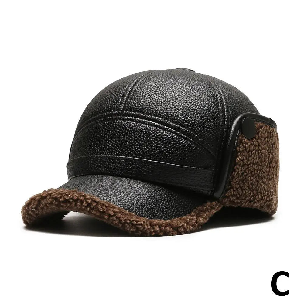 Men's thick leather winter thermal cap ideal for elderly hearing protection