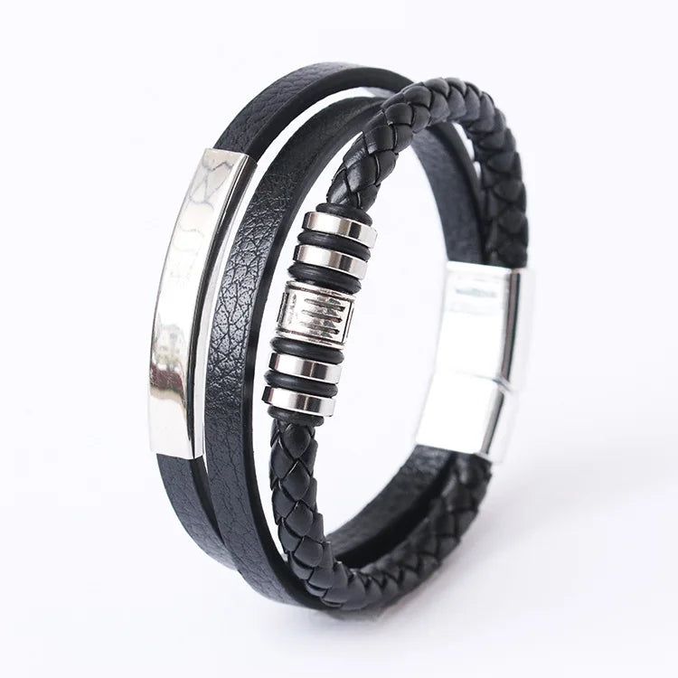 Stylish Men's Leather Bracelet – Stainless Steel Multi-Layer Braided Rope Jewelry Gift (21cm)