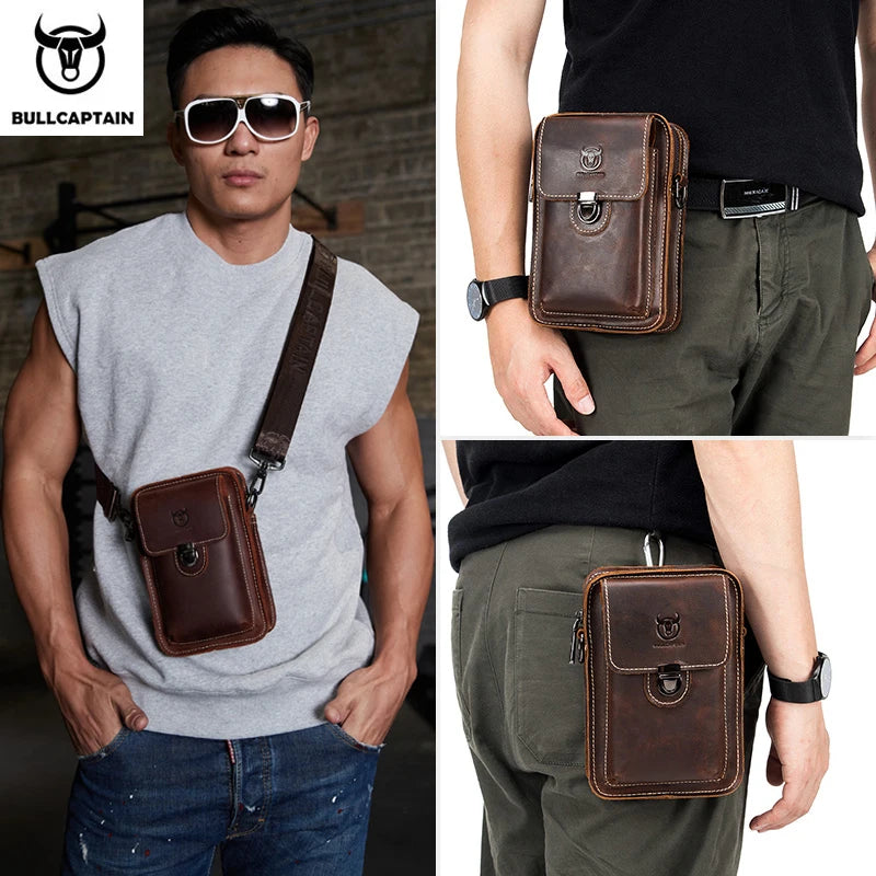 Men's leather waist and chest bag with bull design