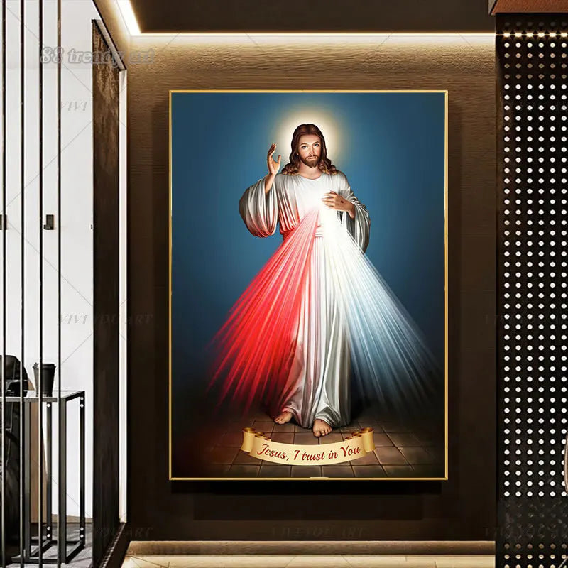 Shiny Retro Jesus Christ Poster – “I Trust in You” Sacred Heart Canvas