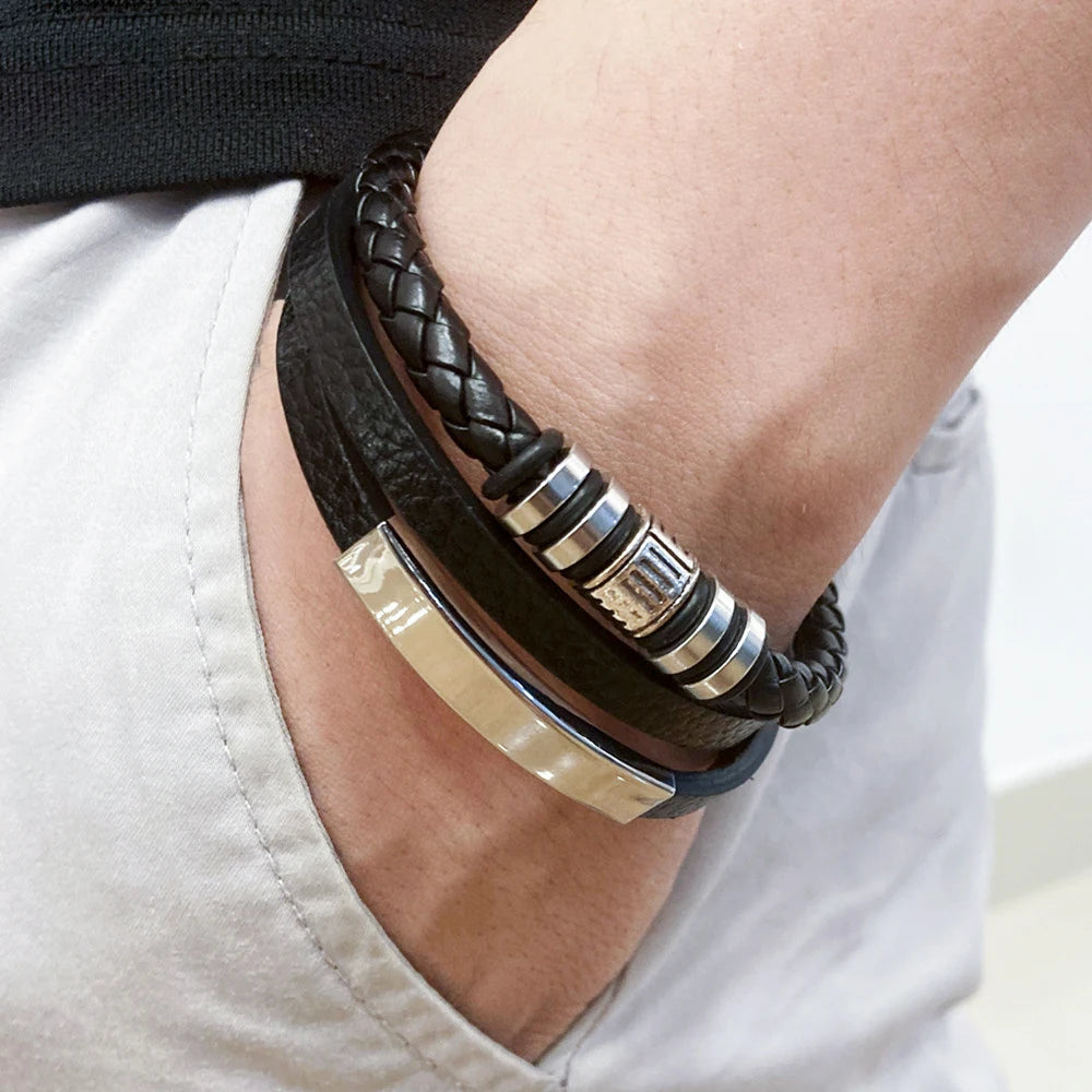 Stylish Men's Leather Bracelet – Stainless Steel Multi-Layer Braided Rope Jewelry Gift (21cm)