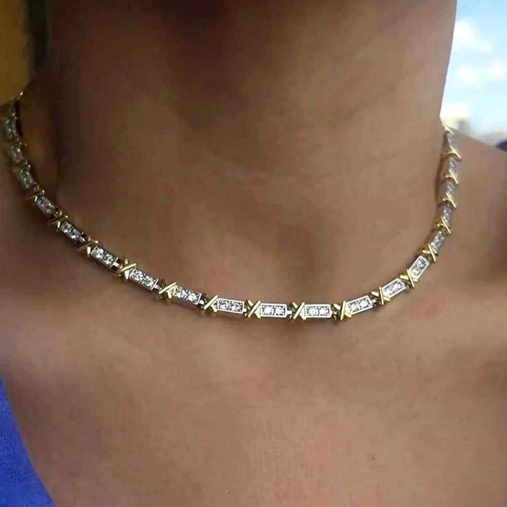 Tiffany-Inspired Necklace – White Rhodium Plated with Gold X Details
