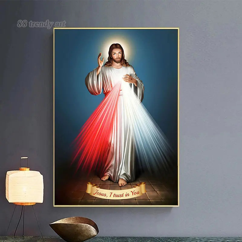 Shiny Retro Jesus Christ Poster – “I Trust in You” Sacred Heart Canvas