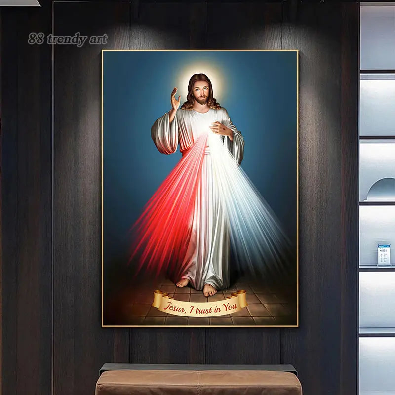 Shiny Retro Jesus Christ Poster – “I Trust in You” Sacred Heart Canvas