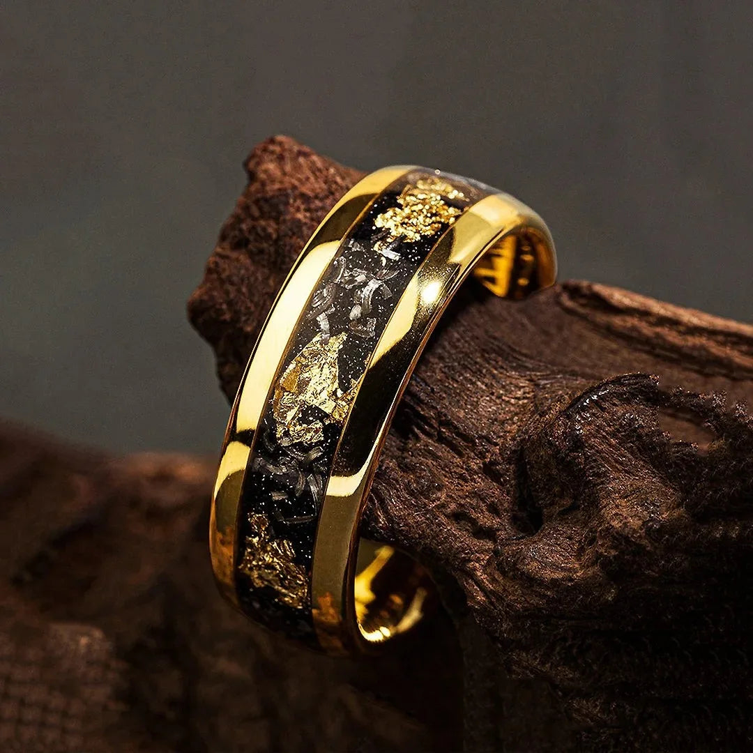 8mm Men’s Stainless Steel Ring – Meteorite & Abalone Shell Inlay Band