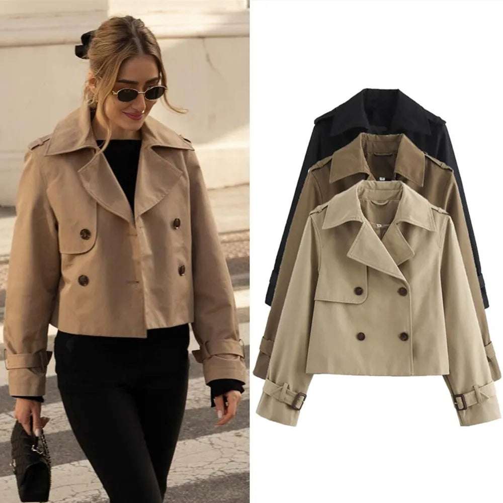 Ladies Vintage Cropped Trench Jacket – Chic Double-Breasted Style